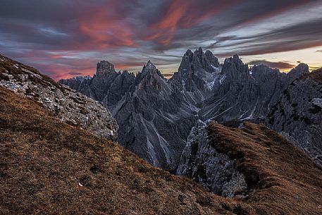 The Cadini di Misurina mountain rage from the Tre Cime di Lavaredo peak, dolomites, Veneto, Italy, Europe